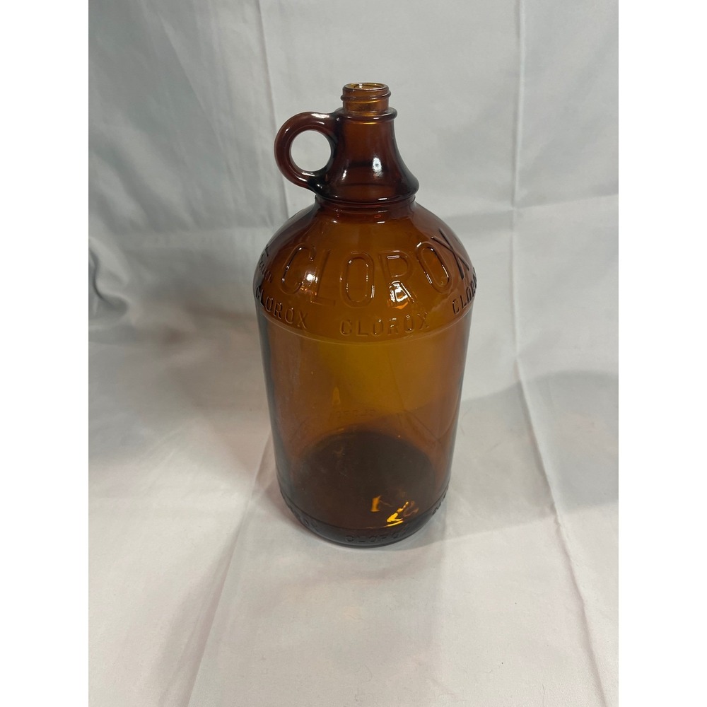 Vintage Clorox Amber Glass Bottle Embossed 32oz Jug Finger Loop Handle  10.5"